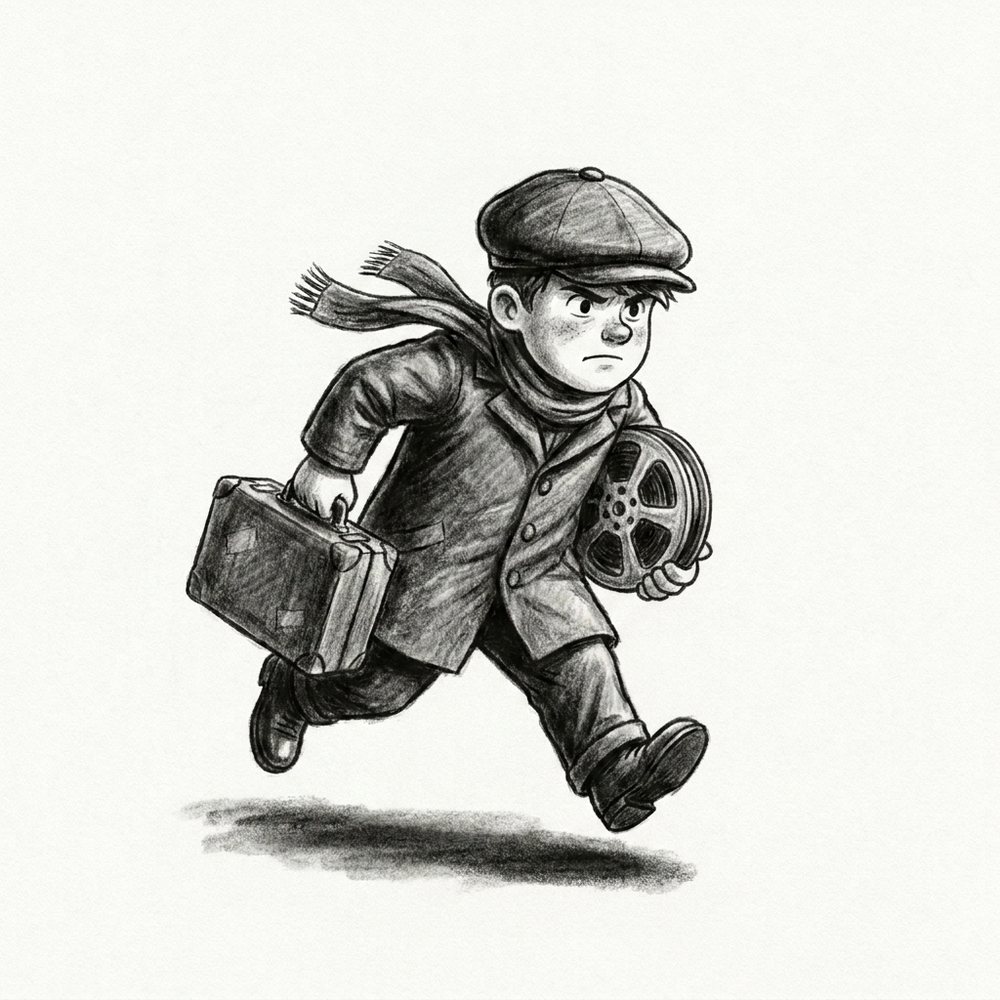 A charcoal drawing of the character running forward with determination