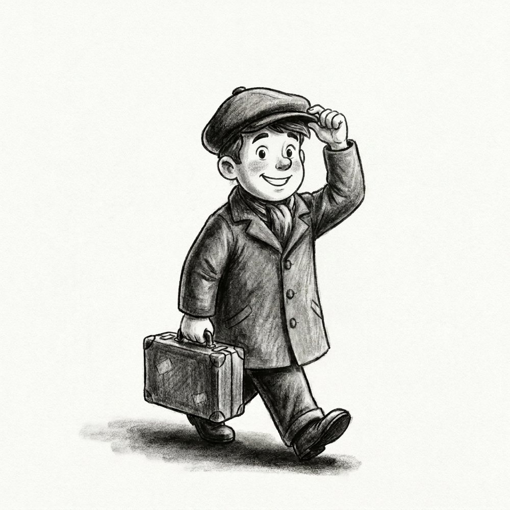 A charcoal drawing of the character striding forward into the light, tipping his cap
