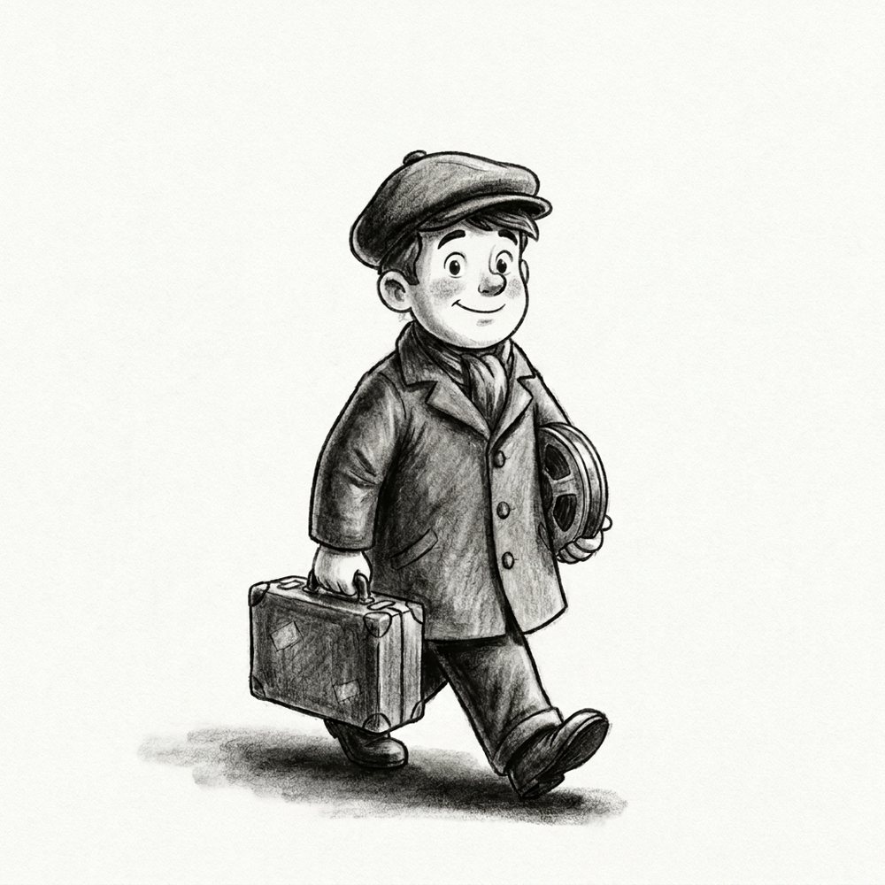 A charcoal drawing of a young 1920s man walking forward with a suitcase and a film reel